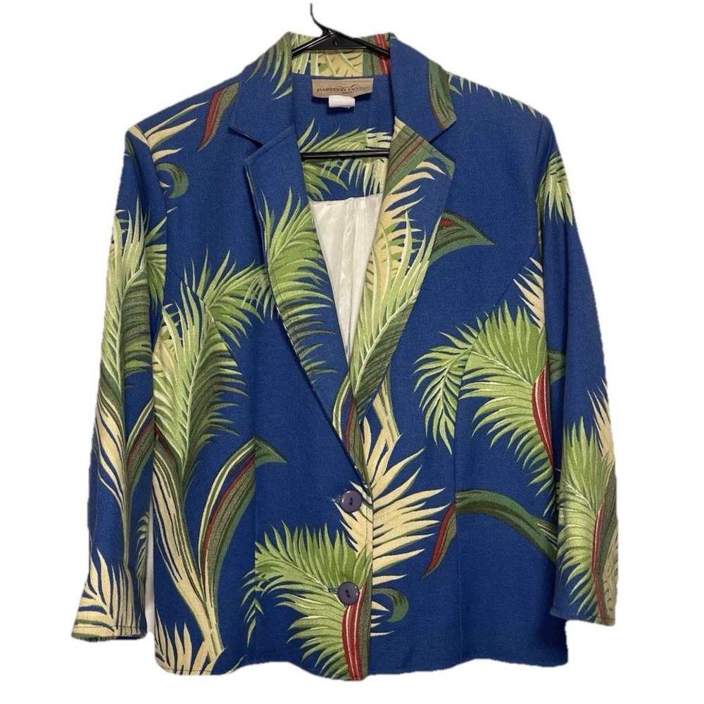 Vintage Painted Pony Women Medium Palm Leaf Tapestry Button Front Blazer Blue